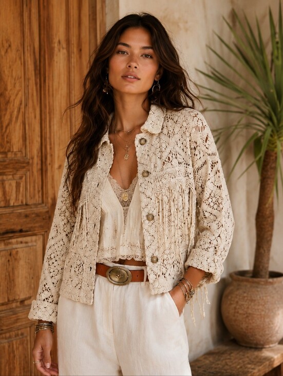 Miss Me Sweaters - MISS ME CROCHET LACE FRINGE BOHO WESTERN FESTIVAL CREAM SHACKET CARDIGAN LARGE